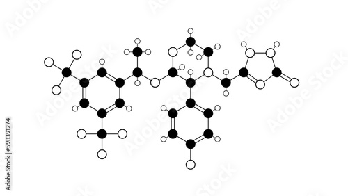 aprepitant molecule, structural chemical formula, ball-and-stick model, isolated image emend