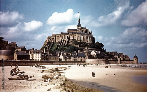 Vintage Color Photo of Mont Saint Michel, Normandy, France - generative AI