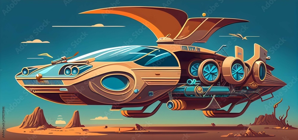 The illustration captures a breathtaking scene of a futuristic flying car elegantly soaring over a vast, sun-drenched desert landscape. The car's sleek, aerodynamic design and vibrant metallic finish The illustration captures a breathtaking scene of a futuristic flying car elegantly soaring over a vast, sun-drenched desert landscape. The car's sleek, aerodynamic design and vibrant metallic finish