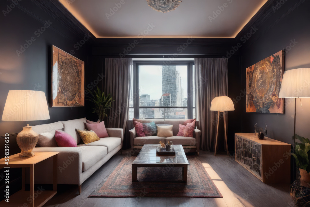 Fototapeta premium Modern living room with cluttercore interior design. Generative AI