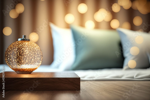 Table-top view of beside table or nightstand on blurred cozy night ambiance bedroom with glistening bokeh background. Empty wooden table for product display and customization. Flawless Generative AI photo