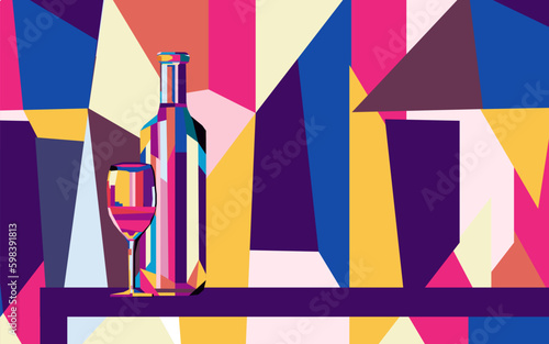 Vector illustration colorful bright bottle of wine and a glass of wine or alcoholic drink.