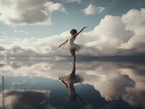 a dancer on the mirror lake, a reflective cloudy sky, nature with design
