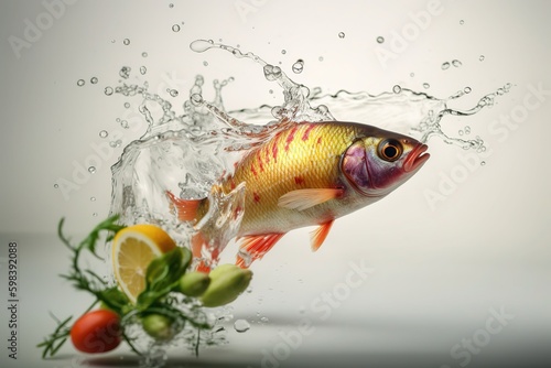 Fish  vegetables and water splash. White background.