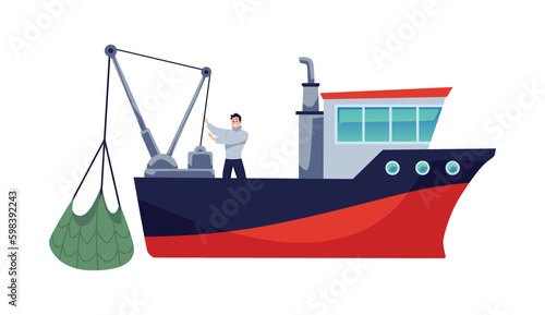 Fishing ship or fisher trawler with sailors flat vector illustration isolated.