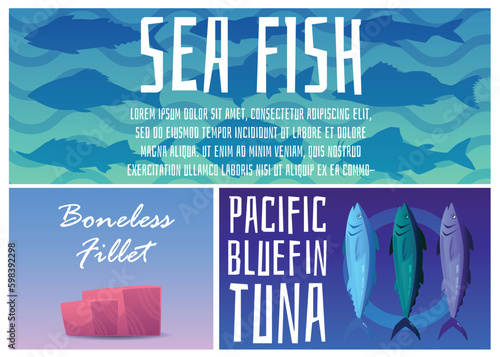 Seafood advertising banners or posters set, flat vector illustration.