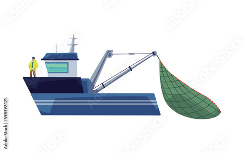 Fisher trawler or sea fishing vessel with net, flat vector illustration isolated.
