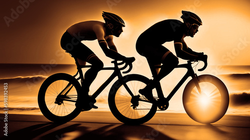 Two young sporty men riding bicycles on the beach on the background of an orange sunsetting sky. black Silhouette of pair friends. bike racing on blurry sunset ocean or sea background. generative ai