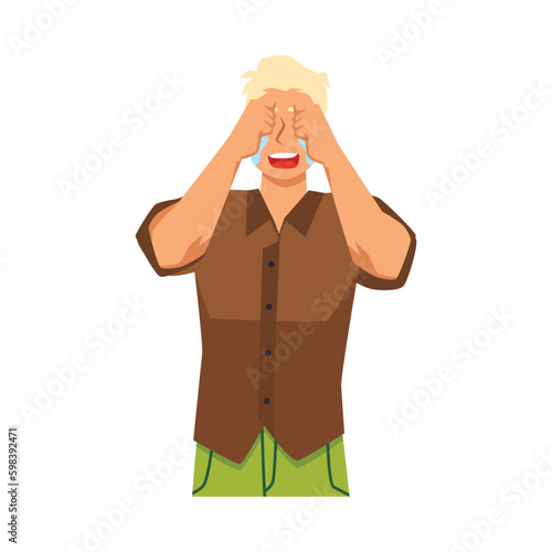 Man in hysterics and despair cries, covering his face, flat vector isolated.