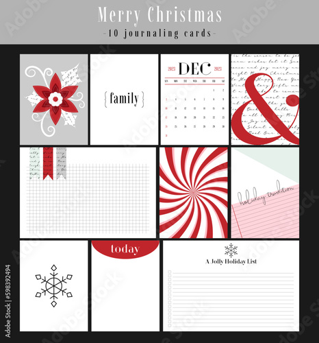 Set of 10 printable creative winter holiday, Merry Christmas theme journaling cards. Vector design templates for planners, scrapbooking, greeting cards, gift cards,blogging, notes, notebook, diary.