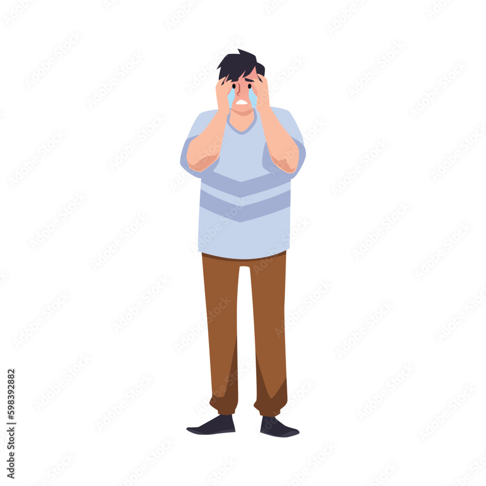 Crying man holding hands to face flat style, vector illustration Crying man holding hands to face flat style, vector illustration
