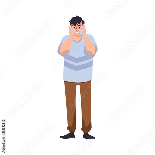 Crying man holding hands to face flat style, vector illustration