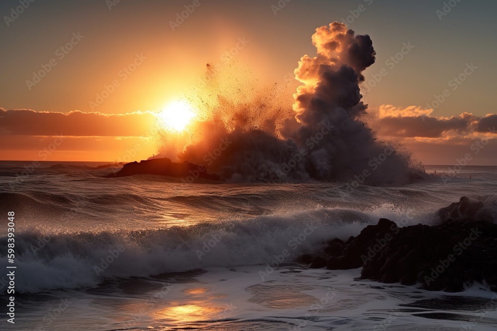 smoke coming out of a erupting volcano in the ocean
