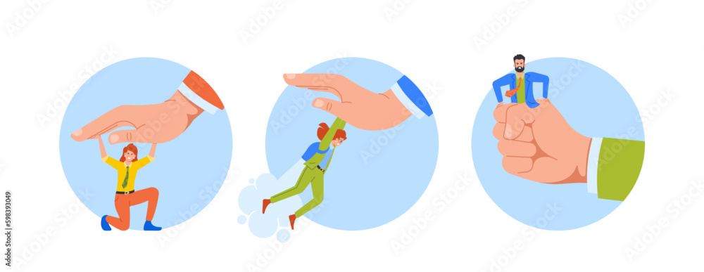 Isolated Round Icons With Employees Fight And Resist Huge Boss Hand, Partaking In Confrontation, Cartoon Illustration Generative AI