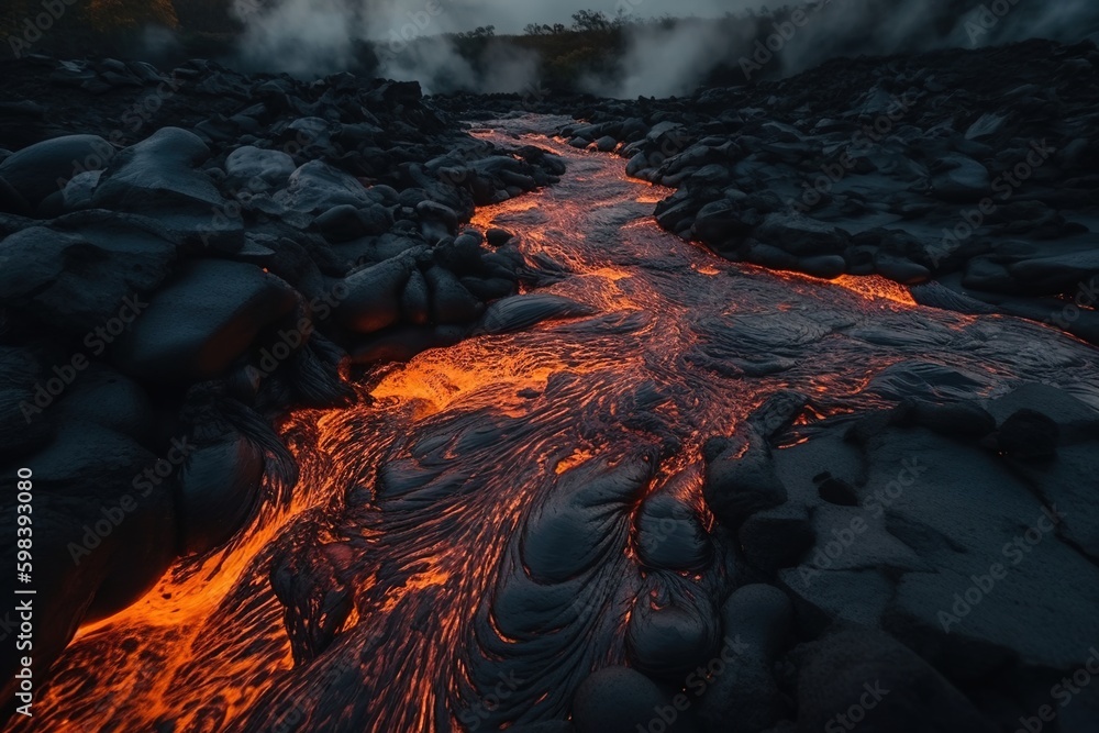 river of lava from a erupting volcano - obrazy, fototapety, plakaty 