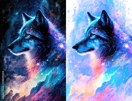 Watercolor galaxy colorful illustration of a wolf side profile with transparent background. Generative AI photo