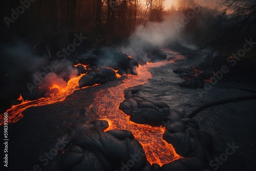 river of lava from a erupting volcano