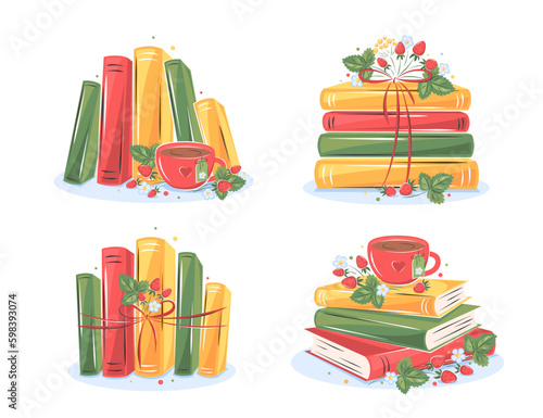 Books with flowers and strawberries on white background. Set of reading elements for  bookshop, library, bookstore or education. Vector illustration on white background