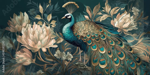 modern interior mural painting wall art decor abstraction wallpaper with white, dark green and golden tropical palm leaf branches and flowers with feathers peacock bird 