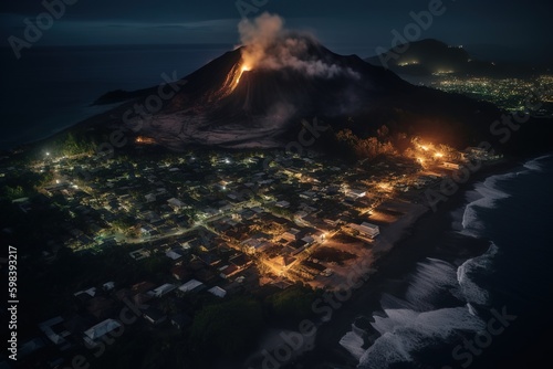 erupting volcano at night with city close to it Fototapeta
