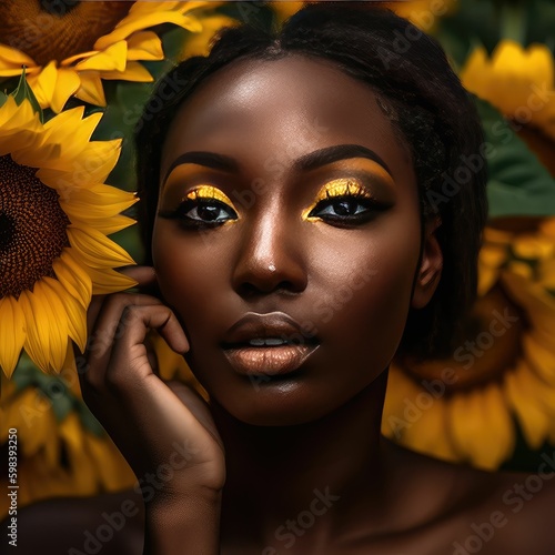 Beautiful black woman in a white dress standing among the field of sunflowers..Created with generative AI