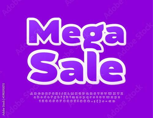 Vector bright promo Mega Sale. Violet sticker Font. Modern Creative Artistic Alphabet Letters and Numbers set