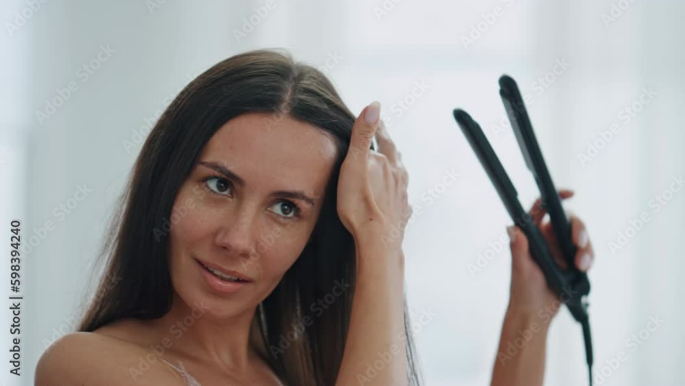Beautiful model touching hair enjoying her look at home. Lady styling chevelure Generative AI Beautiful model touching hair enjoying her look at home. Lady styling chevelure Generative AI
