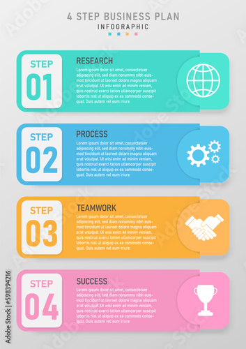infographic vertical template simple 4 steps business planning success square multi color pastel right white icon gray gradient background design for marketing, product, finance, project, investment