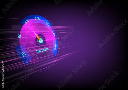 Abstract Background Technology perspective circle Pink and blue top speedometer with purple moving light lines on a violet and black gradient background