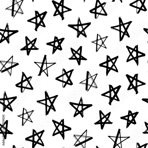 Small contour linear ink stars isolated on white background. Starry monochrome seamless pattern. Vector simple flat graphic hand drawn illustration. Texture.