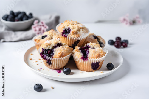 Blueberry muffins with fresh blueberries on a white table, close up, light background. A delicious dessert or breakfast. AI generated.