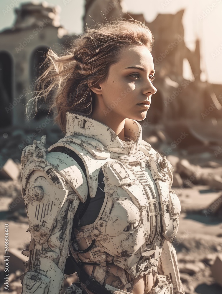 Fototapeta premium Surreal portrait of a girl in cyborg style..Created with generative AI