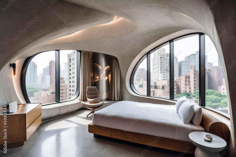 Fototapeta premium Interior design of modern bedroom. Created with generative AI