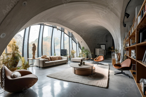 Arched window and leather armchairs in apartment. Interior design of modern living room. Created with generative AI
