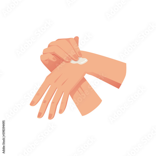 Hands of woman caring for skin with cream or lotion, flat vector isolated.