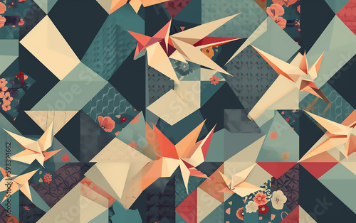 Pattern with flowers and origami. Generative AI technology. photo