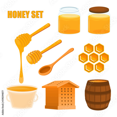 Honey set. Cartoon collection of honey. Sweet elements, honeycomb, organic natural products. Vector flat set.