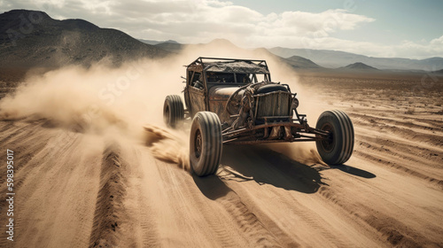 Highly customized rusty buggy rushes through the desert. Generative AI