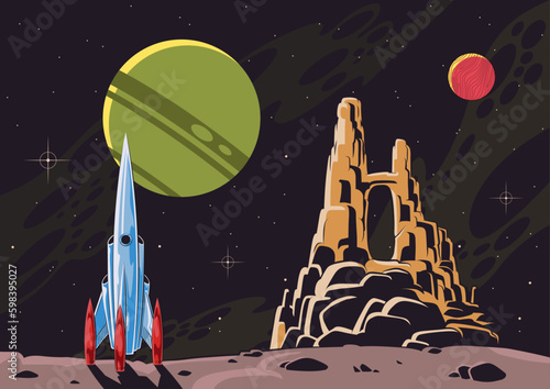 Retro Futurism Space Landscape Poster. 1950s-1960s Vintage Fantastic Sci Fi Cosmos Illustration