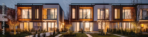 Modern modular private townhouses with wooden cladding. Residential architecture exterior. Created with generative Ai