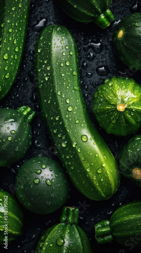 Fresh courgettes with water drops  close-up shot on black background. Generative AI.