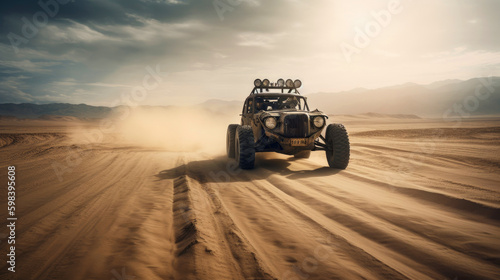 Highly customized rusty buggy rushes through the desert. Generative AI