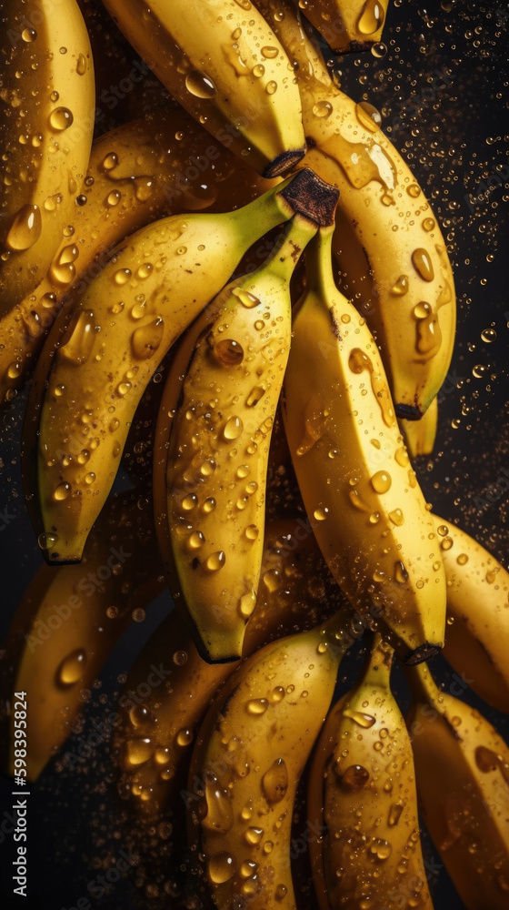 Fresh bananas with water drops, close-up shot on black background. Generative AI.