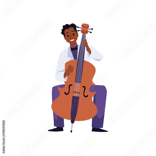 African american man playing cello instrument, vector illustration isolated.