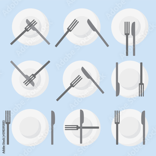 Restaurant etiquette, language of cutlery, eating signs, rules. ceramic plate with knife and fork in different positions.sign of the end of meal, dissatisfaction with food.vector flat objects.