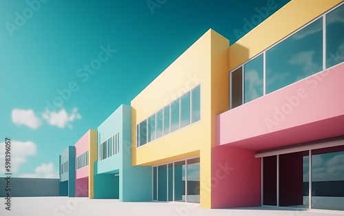 Vibrant row of minimalist buildings  showcasing modern architecture in pastel colors.