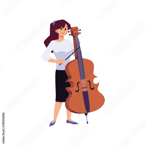 Woman playing cello or violoncello instrument flat vector illustration isolated.