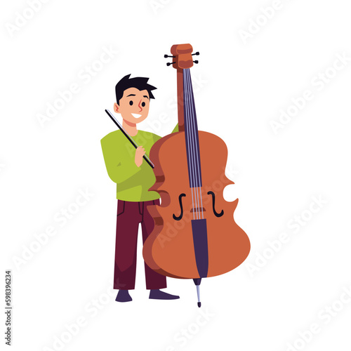 Happy little boy playing cello music instrument, flat vector illustration isolated on white background. © sabelskaya