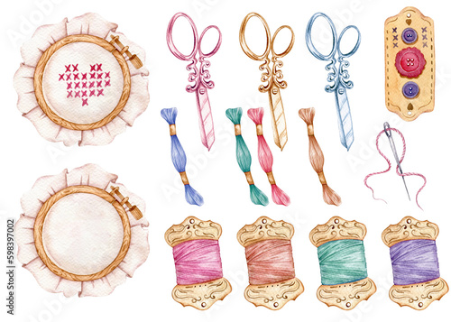 Sewing and Embroidery logo. Scisstors, Threads and needle Watercolor illustration on white isolated background. Hobby. Homemade hobby. Embroidery, sewing. Tailor shop logo. 