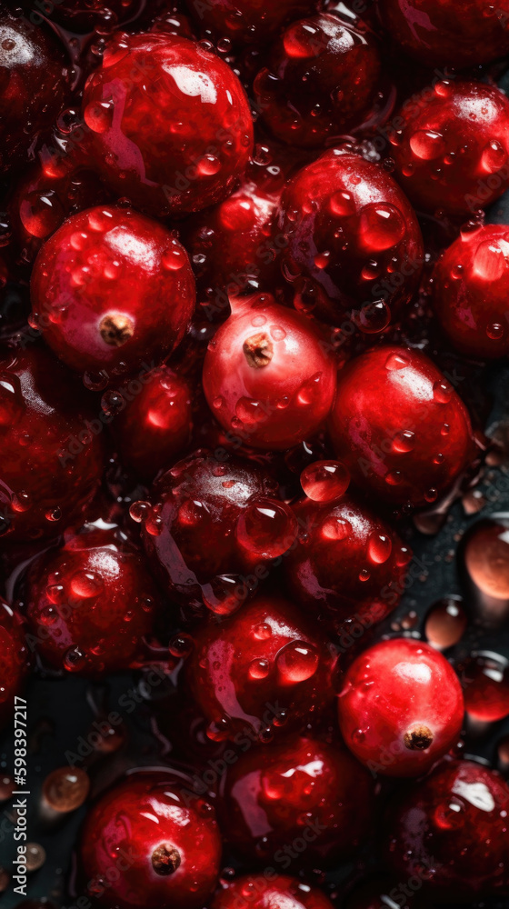 Fresh cranberry with water drops, close-up shot on black background. Generative AI. Fresh cranberry with water drops, close-up shot on black background. Generative AI.